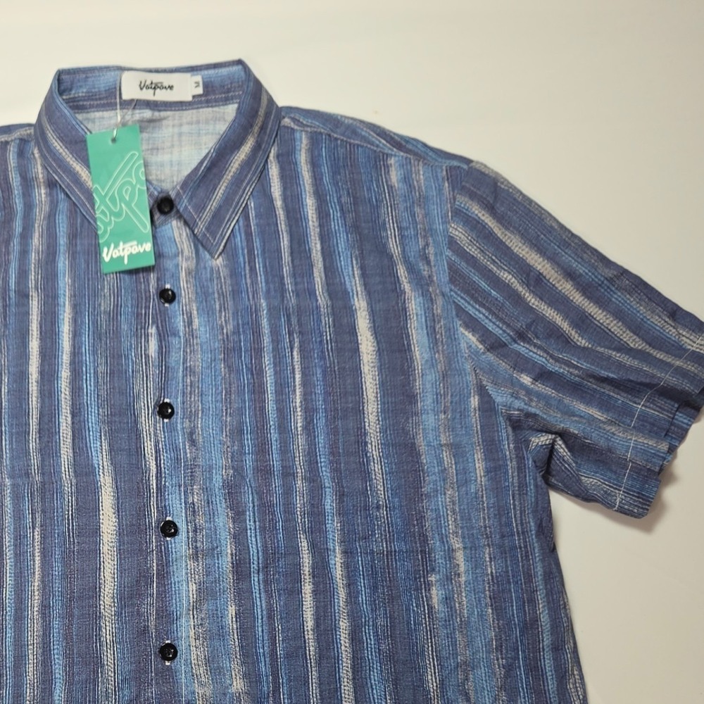 Vatpave Mens Blue Striped Short Sleeve Button Down Shirt Size M New